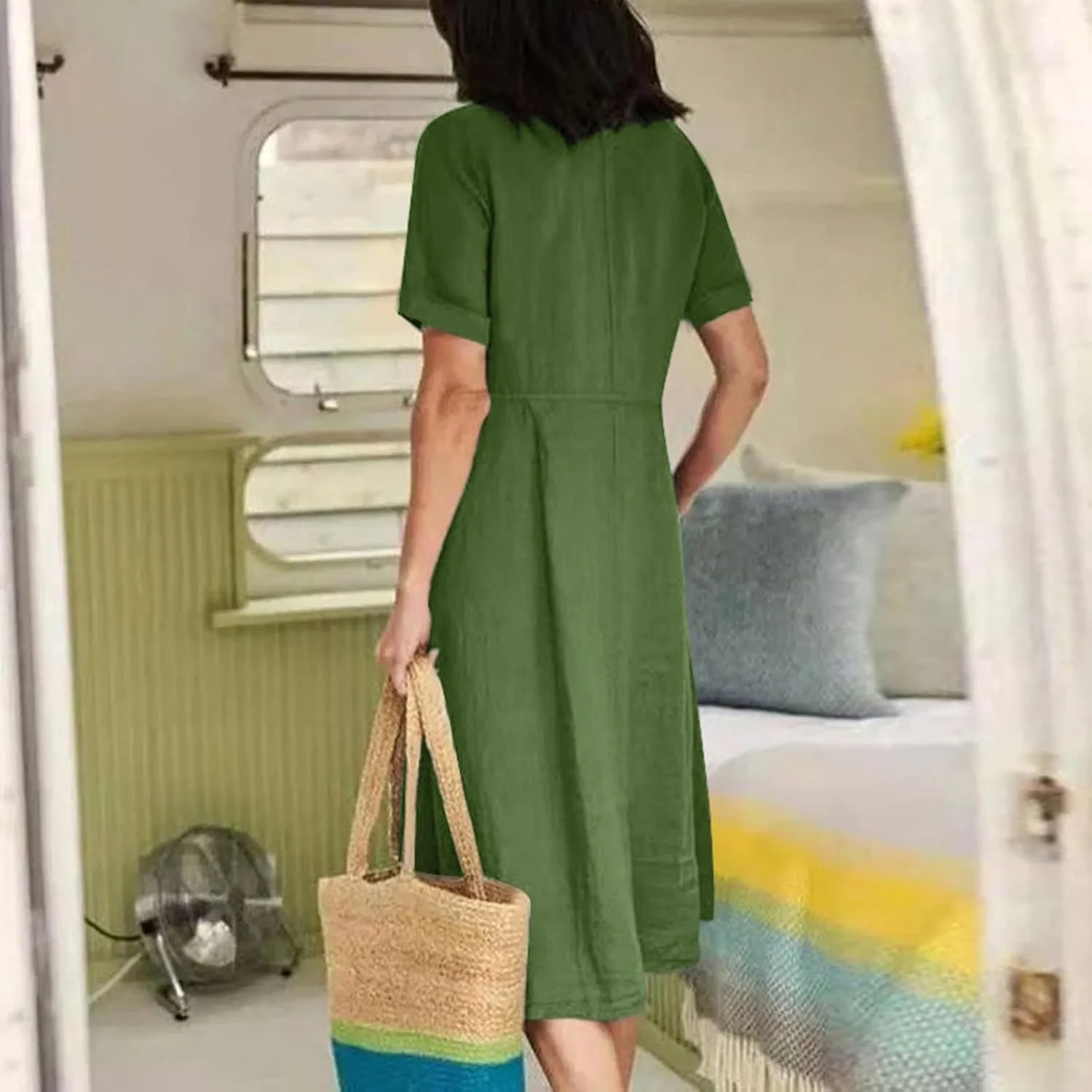 HGps8w Women's Plus Size Cotton Linen Midi Dresses with Pockets Summer Casual Short Sleeve Button Front V Neck Solid Dress