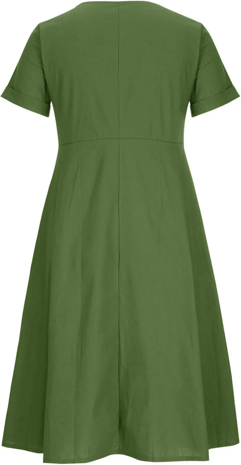 HGps8w Women's Plus Size Cotton Linen Midi Dresses with Pockets Summer Casual Short Sleeve Button Front V Neck Solid Dress