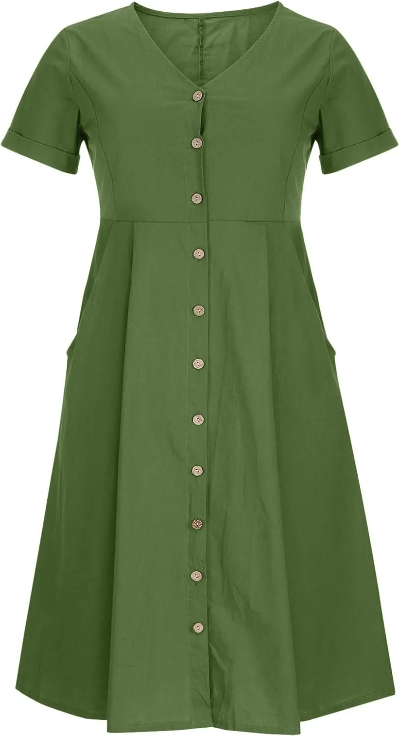 HGps8w Women's Plus Size Cotton Linen Midi Dresses with Pockets Summer Casual Short Sleeve Button Front V Neck Solid Dress