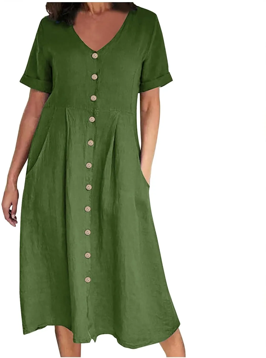 HGps8w Women's Plus Size Cotton Linen Midi Dresses with Pockets Summer Casual Short Sleeve Button Front V Neck Solid Dress