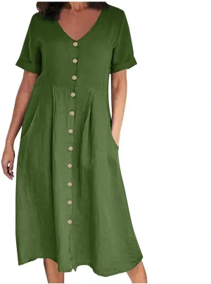 HGps8w Women's Plus Size Cotton Linen Midi Dresses with Pockets Summer Casual Short Sleeve Button Front V Neck Solid Dress