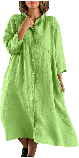 HGps8w Women's Plus Size Cotton Linen Shirt Dresses Button Down V Neck 3/4 Sleeve Casual Loose Midi Swing Beach Dress