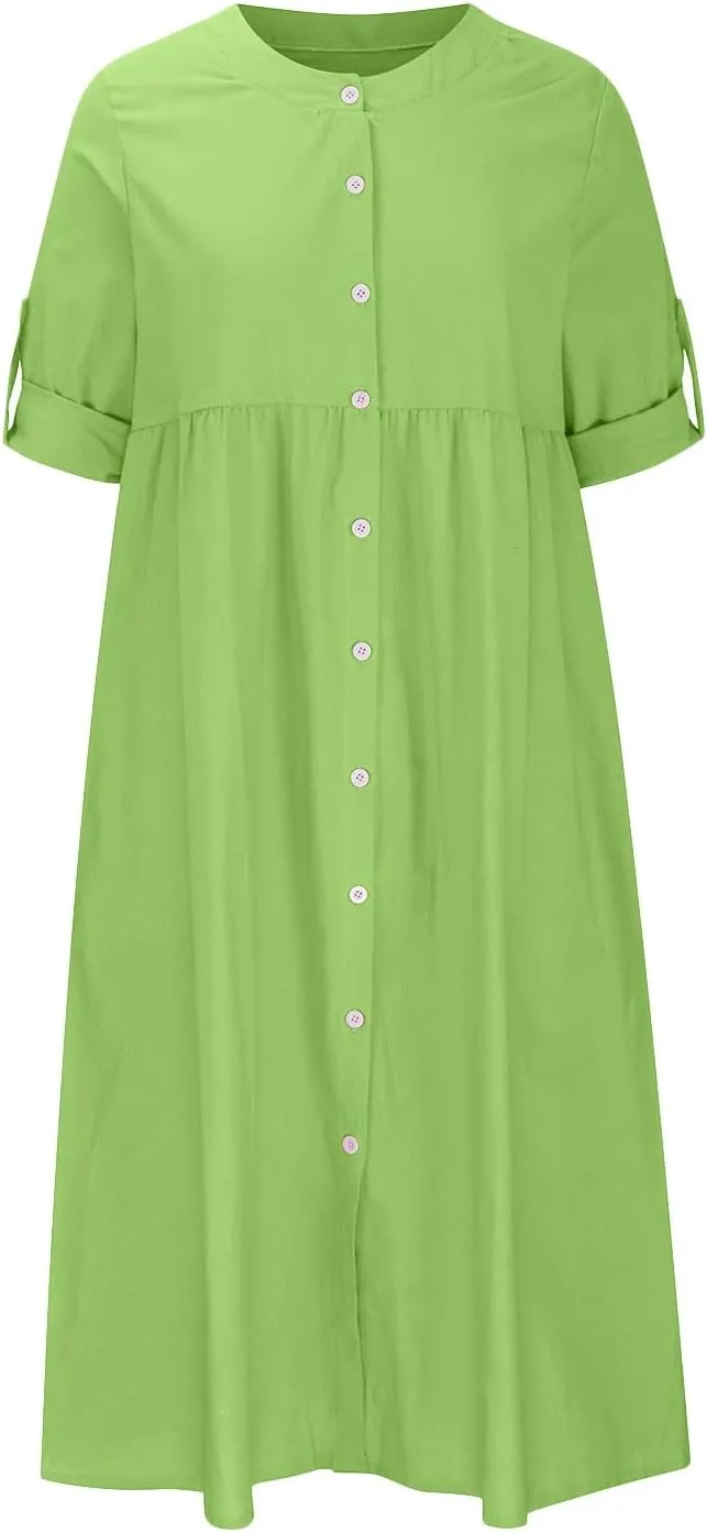 HGps8w Women's Plus Size Cotton Linen Shirt Dresses Button Down V Neck 3/4 Sleeve Casual Loose Midi Swing Beach Dress