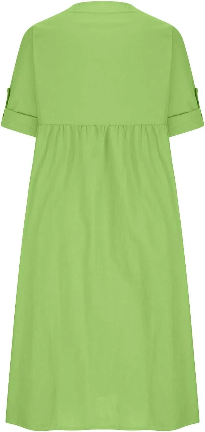 HGps8w Women's Plus Size Cotton Linen Shirt Dresses Button Down V Neck 3/4 Sleeve Casual Loose Midi Swing Beach Dress