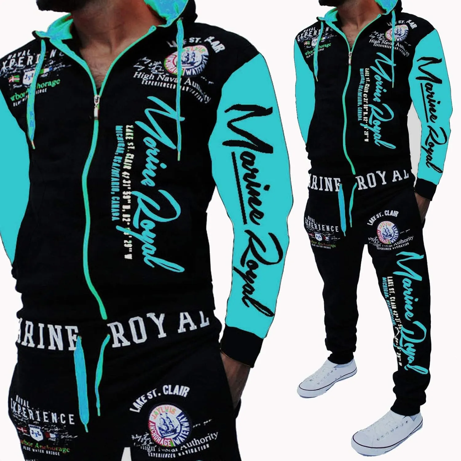 HHGKED Men 's Casual Tracksuit Hooded Full Zip Elastic Waistband Sweatsuit Set