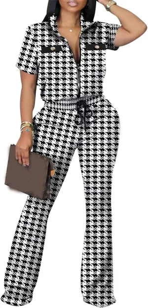 Hotheart Womens Sexy 2 Pieces Houndstooth Print Blazer Pants Suit Set Nightclub Tracksuit Outfit Set