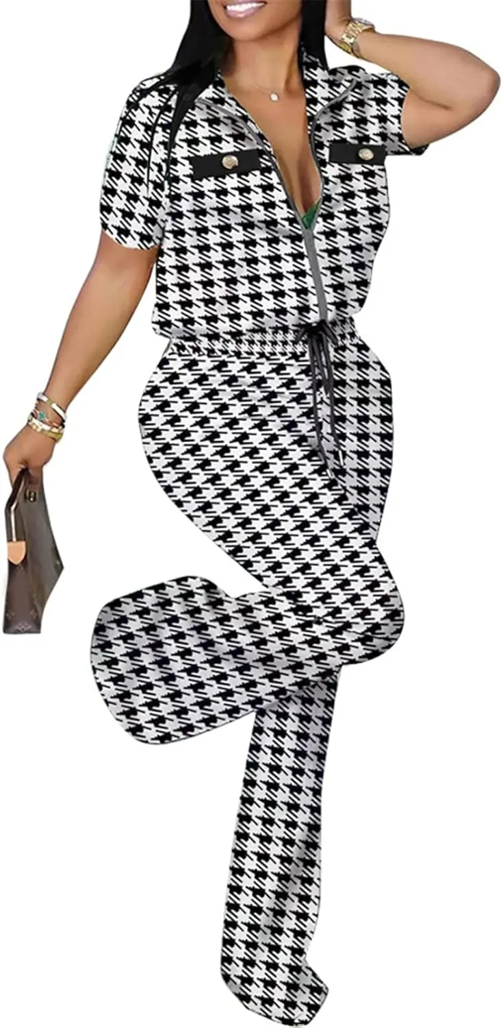 Hotheart Womens Sexy 2 Pieces Houndstooth Print Blazer Pants Suit Set Nightclub Tracksuit Outfit Set
