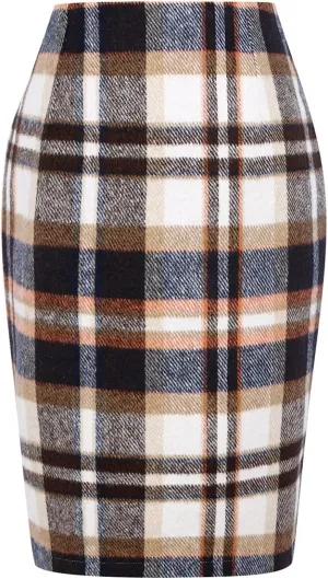 IDEALSANXUN Midi Plaid Skirts for Women Fall Winter Knee Length Pencil Wool Skirt with Slit