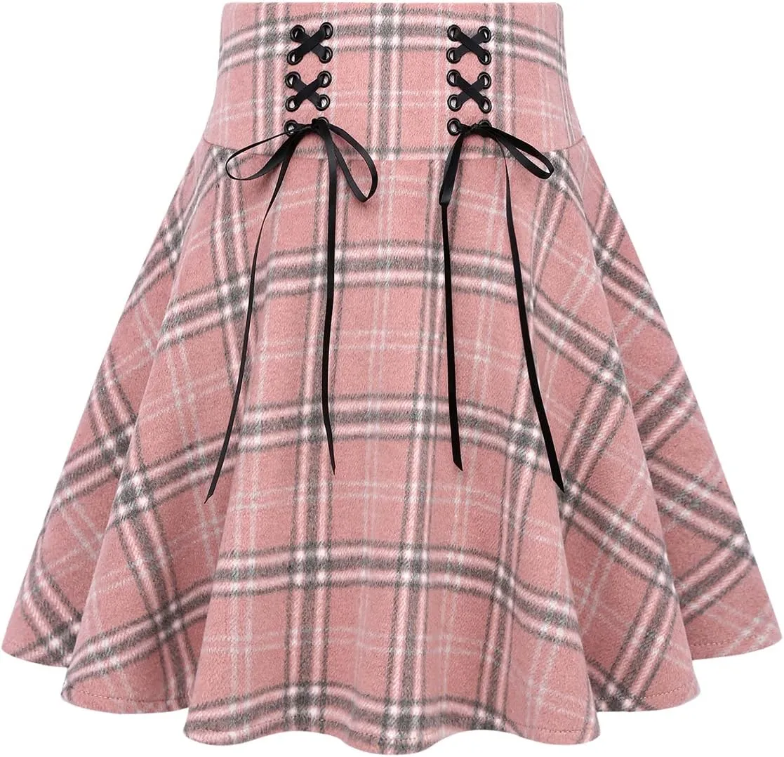 IDEALSANXUN Womens High Waist Lace Up Aline Pleated Wool Gothic Mini Plaid Skirts
