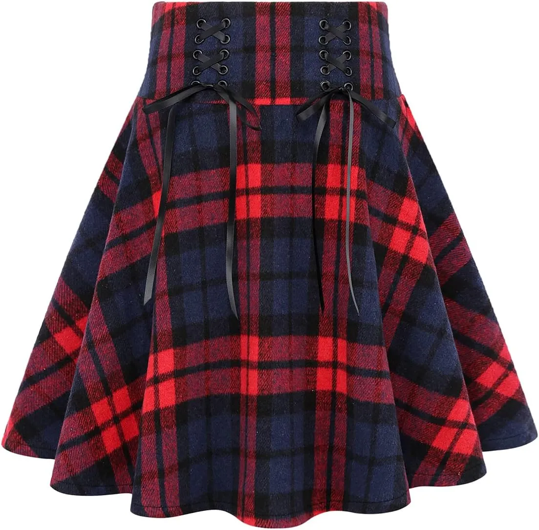 IDEALSANXUN Womens High Waist Lace Up Aline Pleated Wool Gothic Mini Plaid Skirts