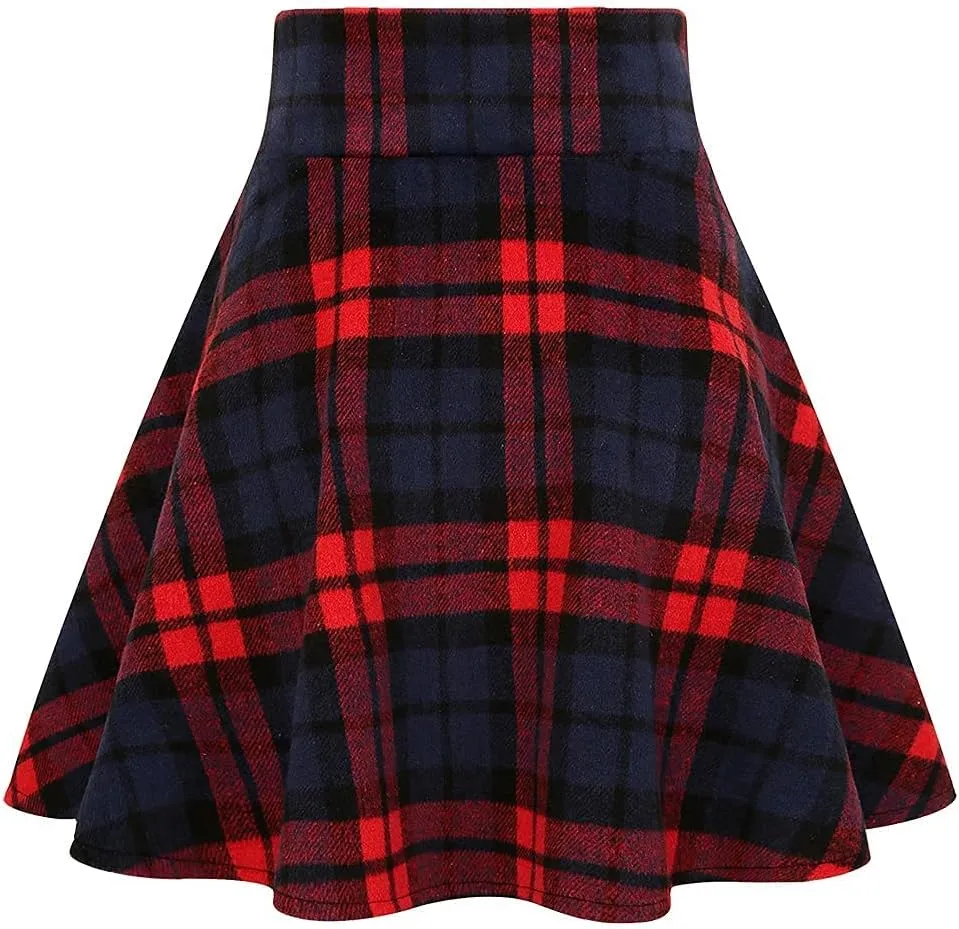 IDEALSANXUN Womens High Waist Lace Up Aline Pleated Wool Gothic Mini Plaid Skirts