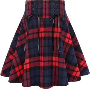 IDEALSANXUN Womens High Waist Lace Up Aline Pleated Wool Gothic Mini Plaid Skirts
