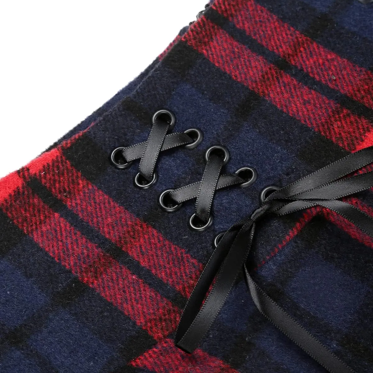 IDEALSANXUN Womens High Waist Lace Up Aline Pleated Wool Gothic Mini Plaid Skirts
