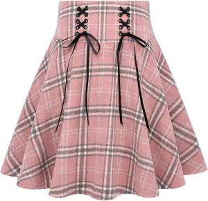 IDEALSANXUN Womens High Waist Lace Up Aline Pleated Wool Gothic Mini Plaid Skirts