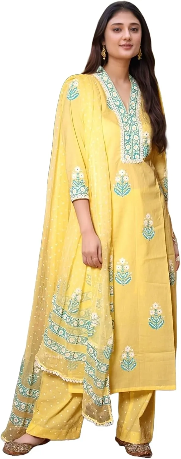 Indian Women's Rayon Viscose Straight Printed Kurta with Pant and Dupatta Set