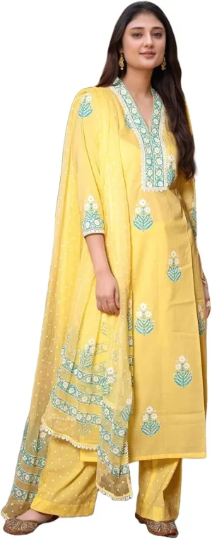 Indian Women's Rayon Viscose Straight Printed Kurta with Pant and Dupatta Set
