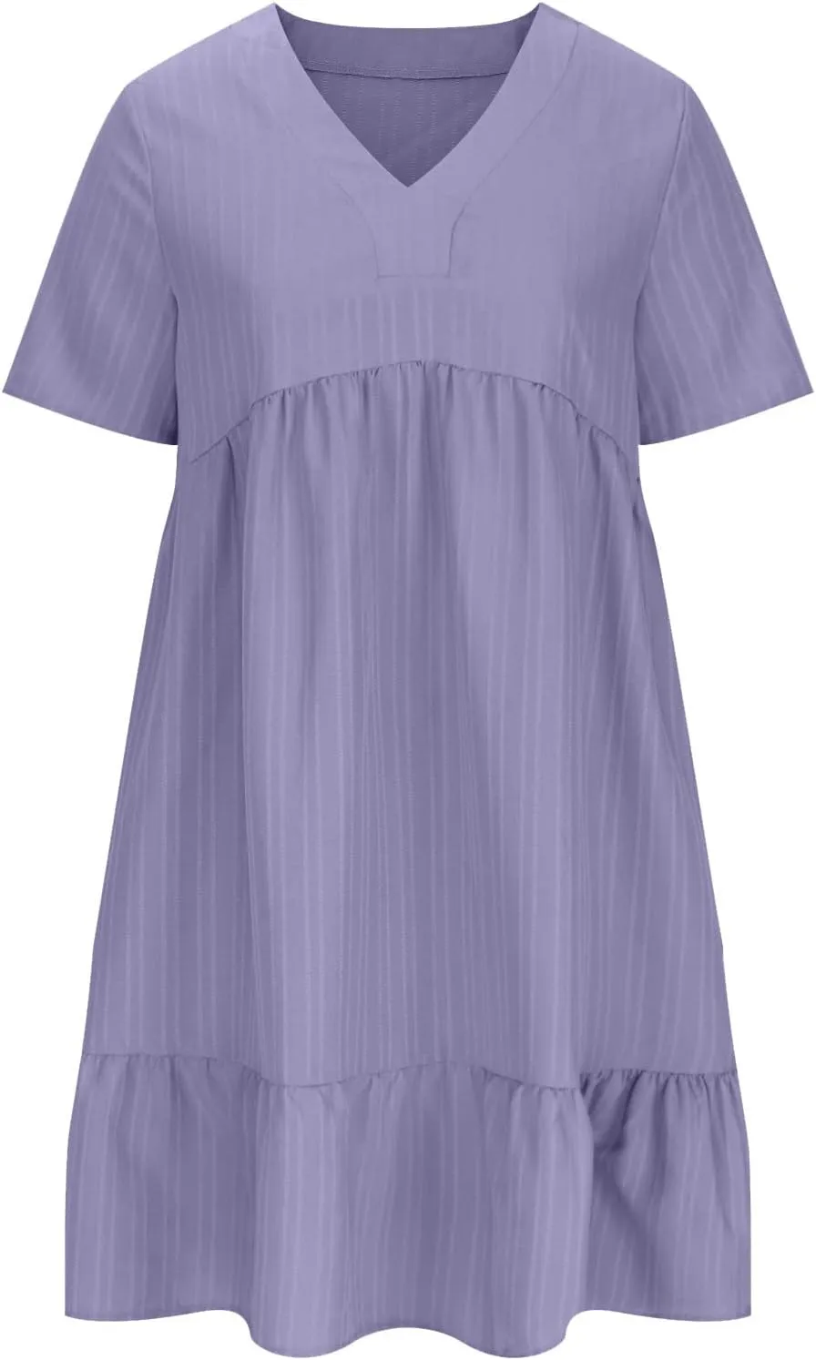 JOAU Women's Fashion Basic V-Neck Short Sleeve Loose Mini Shirt Dress Flowy Ruffle Hem A-Line Swing Knee Length Dresses