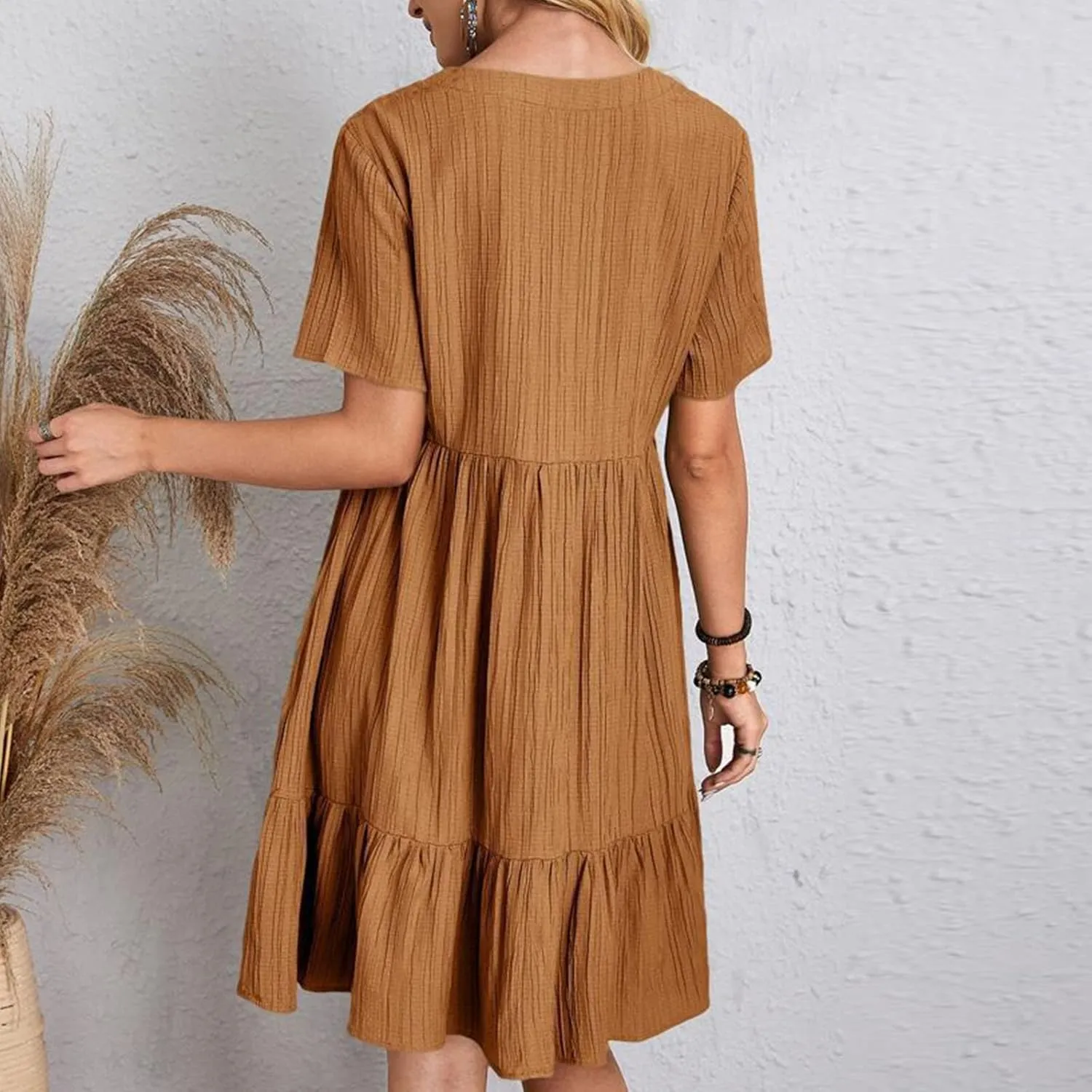 JOAU Women's Fashion Basic V-Neck Short Sleeve Loose Mini Shirt Dress Flowy Ruffle Hem A-Line Swing Knee Length Dresses