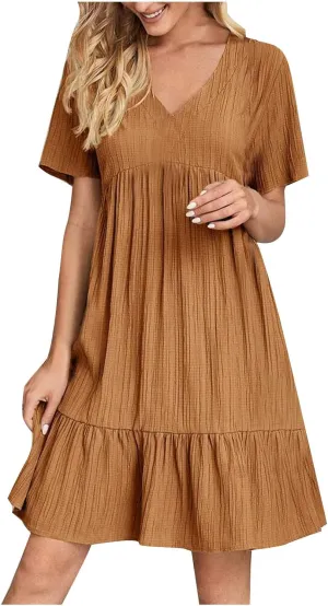 JOAU Women's Fashion Basic V-Neck Short Sleeve Loose Mini Shirt Dress Flowy Ruffle Hem A-Line Swing Knee Length Dresses