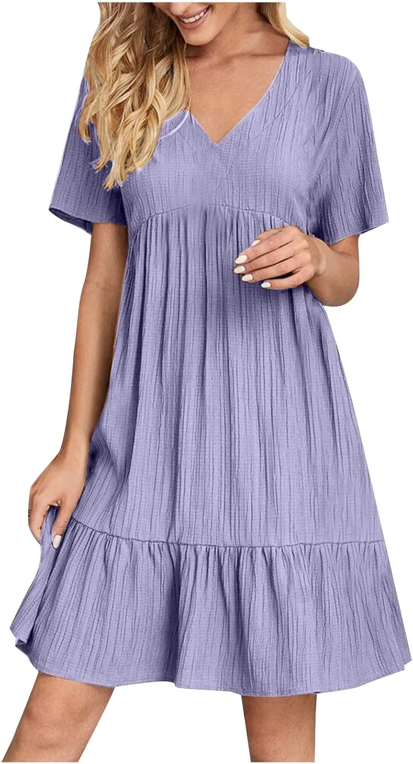 JOAU Women's Fashion Basic V-Neck Short Sleeve Loose Mini Shirt Dress Flowy Ruffle Hem A-Line Swing Knee Length Dresses