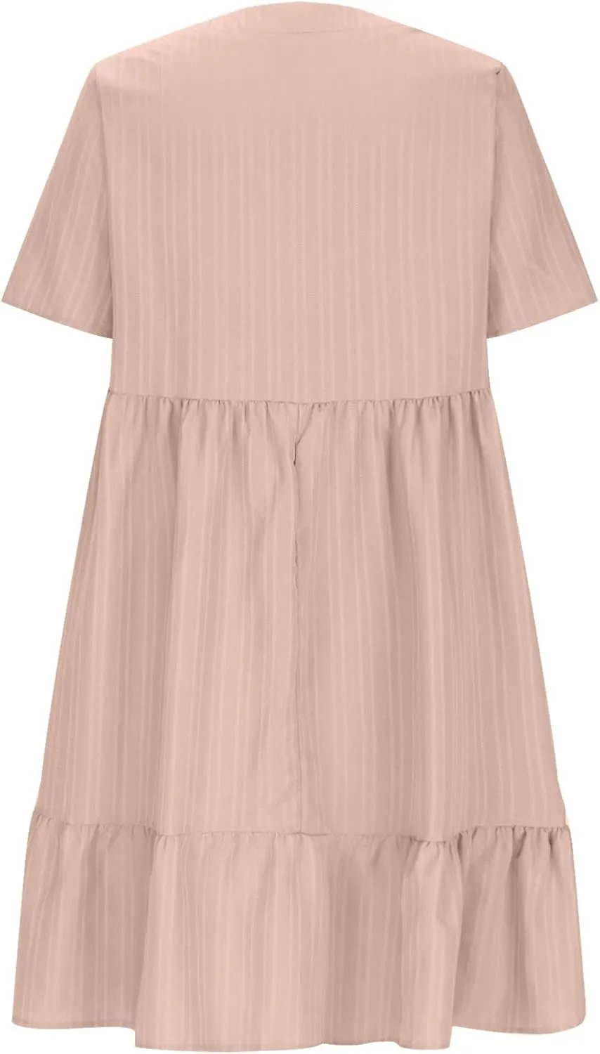 JOAU Women's Fashion Basic V-Neck Short Sleeve Loose Mini Shirt Dress Flowy Ruffle Hem A-Line Swing Knee Length Dresses