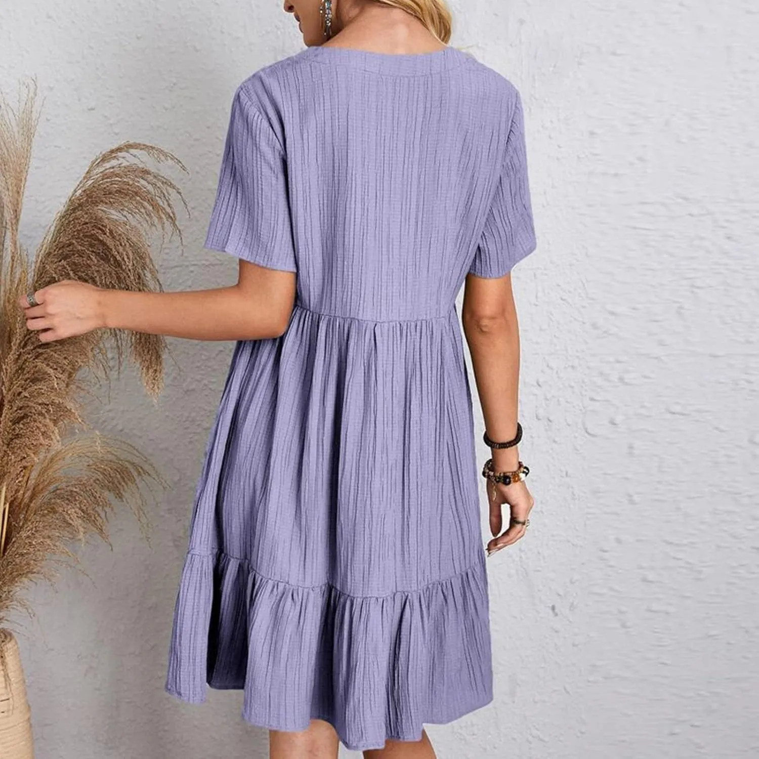 JOAU Women's Fashion Basic V-Neck Short Sleeve Loose Mini Shirt Dress Flowy Ruffle Hem A-Line Swing Knee Length Dresses