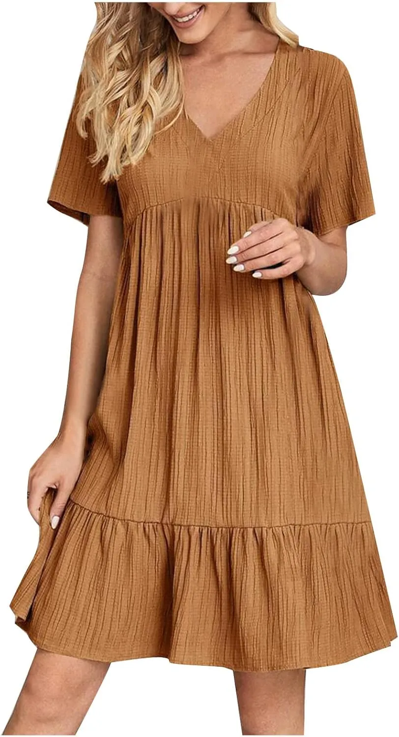JOAU Women's Fashion Basic V-Neck Short Sleeve Loose Mini Shirt Dress Flowy Ruffle Hem A-Line Swing Knee Length Dresses