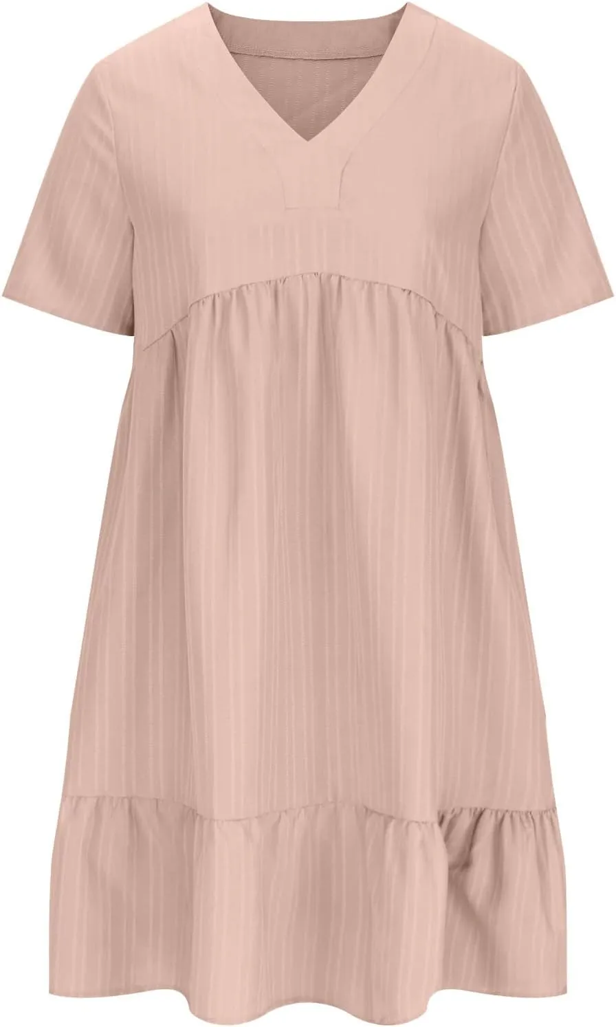 JOAU Women's Fashion Basic V-Neck Short Sleeve Loose Mini Shirt Dress Flowy Ruffle Hem A-Line Swing Knee Length Dresses