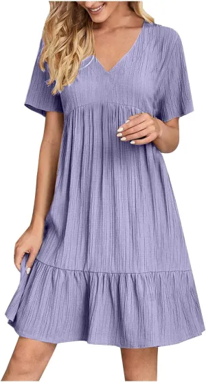 JOAU Women's Fashion Basic V-Neck Short Sleeve Loose Mini Shirt Dress Flowy Ruffle Hem A-Line Swing Knee Length Dresses