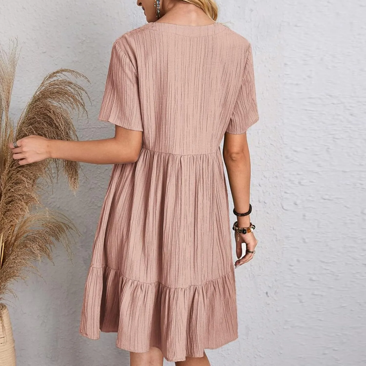 JOAU Women's Fashion Basic V-Neck Short Sleeve Loose Mini Shirt Dress Flowy Ruffle Hem A-Line Swing Knee Length Dresses