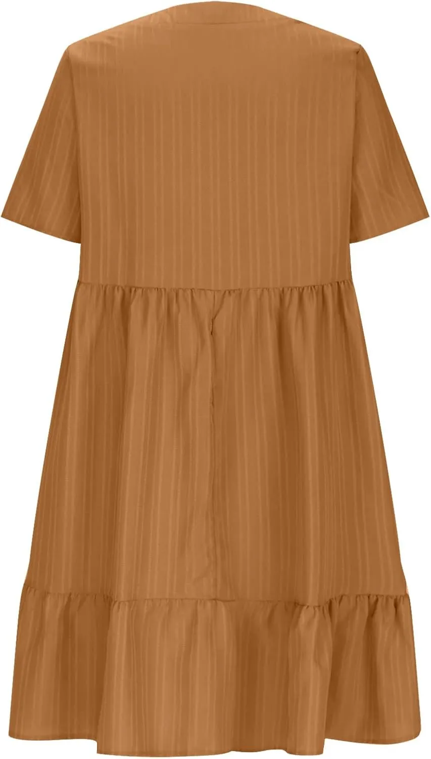JOAU Women's Fashion Basic V-Neck Short Sleeve Loose Mini Shirt Dress Flowy Ruffle Hem A-Line Swing Knee Length Dresses