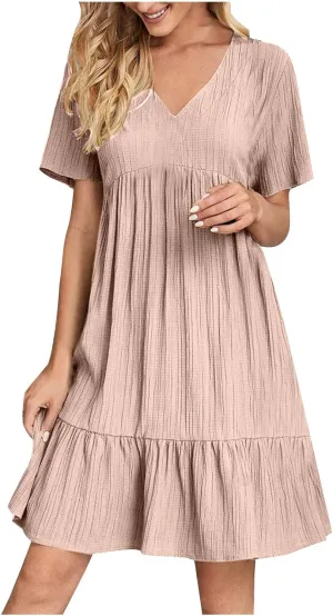 JOAU Women's Fashion Basic V-Neck Short Sleeve Loose Mini Shirt Dress Flowy Ruffle Hem A-Line Swing Knee Length Dresses