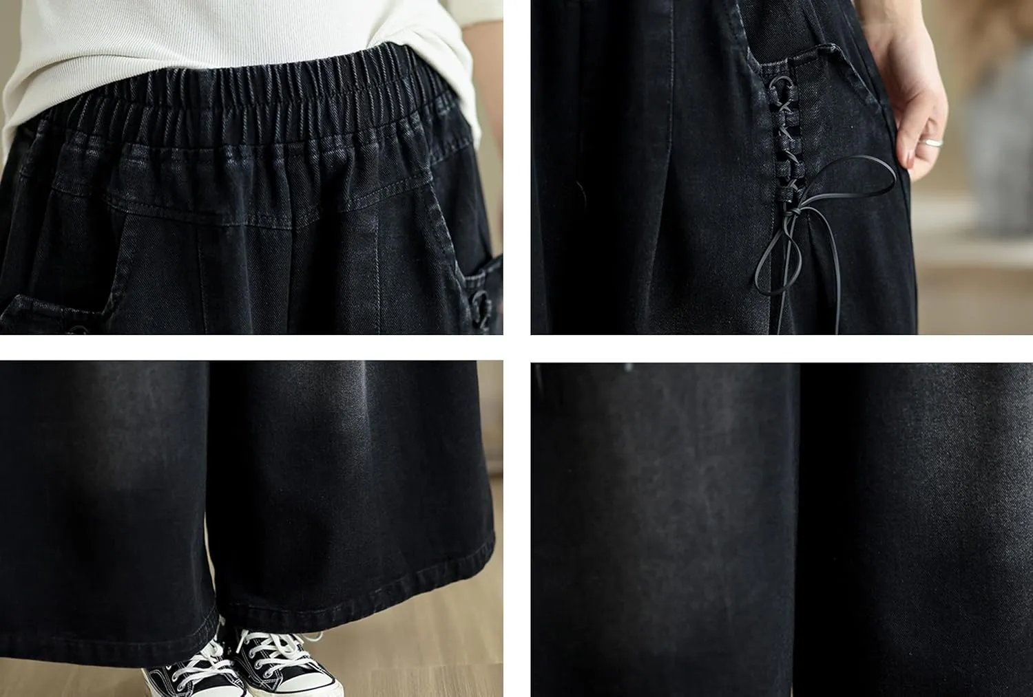 LAI MENG FIVE CATS Women's Loose Elastic Waist Wide Leg Denim Pants with Double Pockets