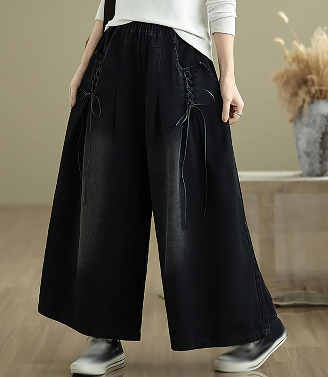 LAI MENG FIVE CATS Women's Loose Elastic Waist Wide Leg Denim Pants with Double Pockets