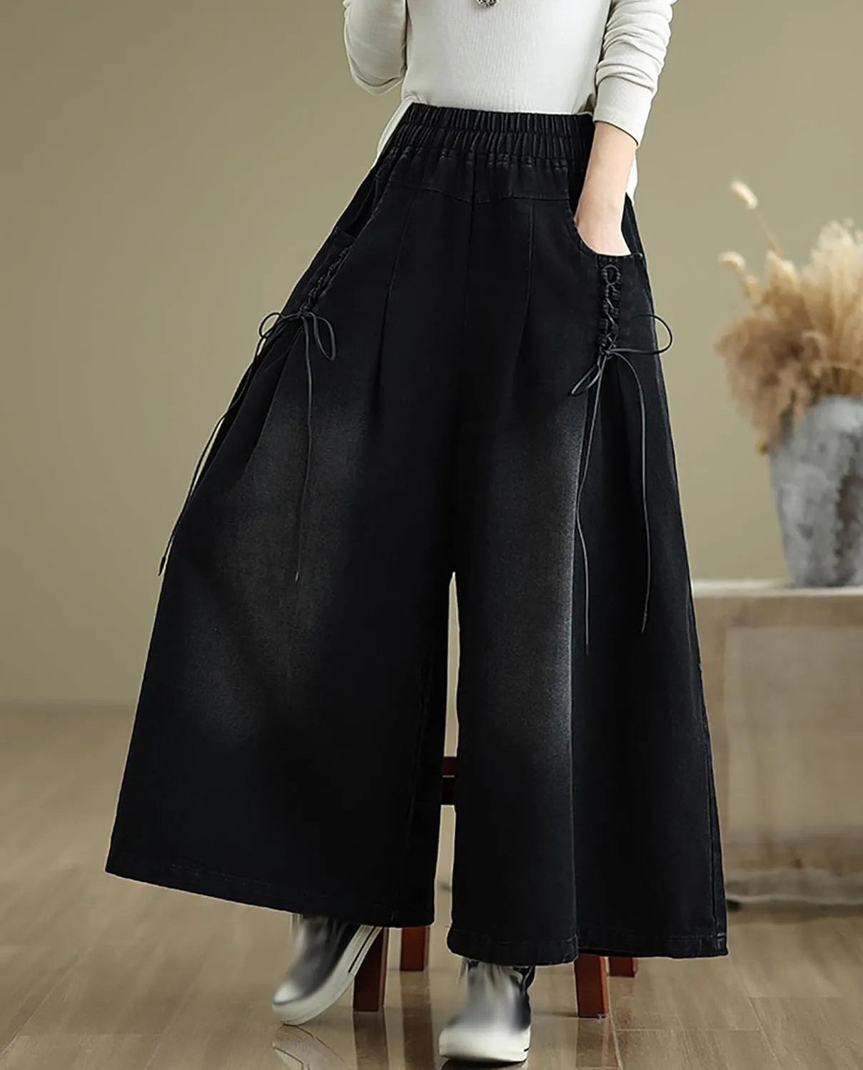 LAI MENG FIVE CATS Women's Loose Elastic Waist Wide Leg Denim Pants with Double Pockets