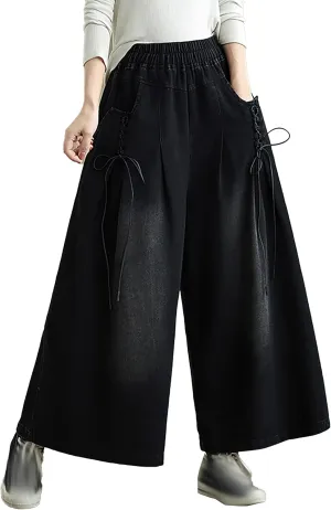 LAI MENG FIVE CATS Women's Loose Elastic Waist Wide Leg Denim Pants with Double Pockets