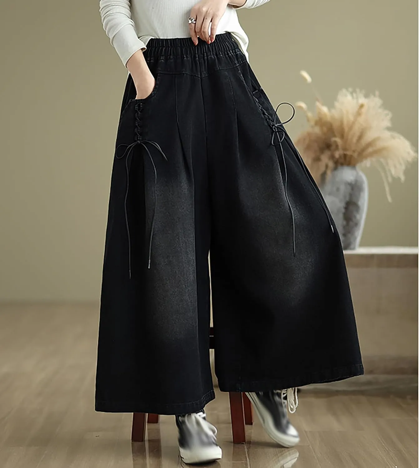 LAI MENG FIVE CATS Women's Loose Elastic Waist Wide Leg Denim Pants with Double Pockets