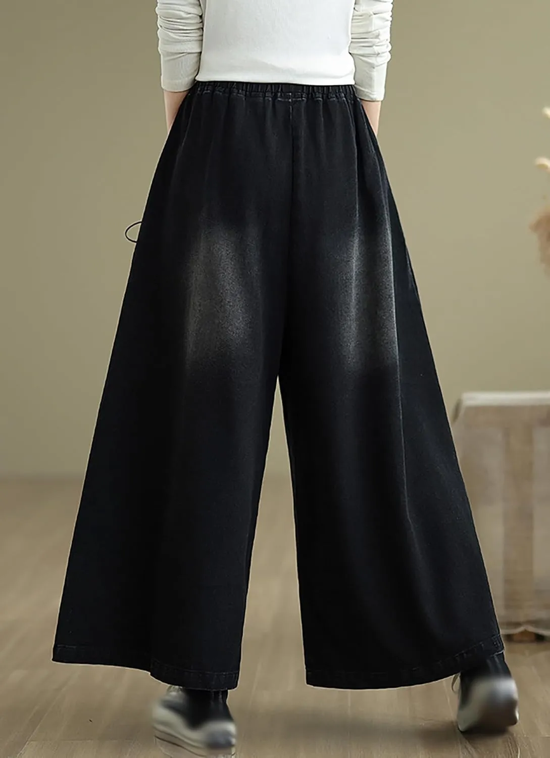 LAI MENG FIVE CATS Women's Loose Elastic Waist Wide Leg Denim Pants with Double Pockets