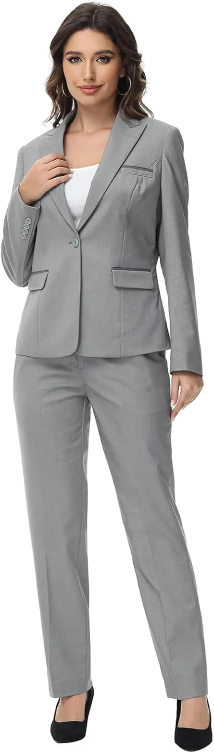 Lamgool Womens Suit 2 Piece Set Business One Button Peak Lapel Blazer Jacket with Pants for Office Ladies
