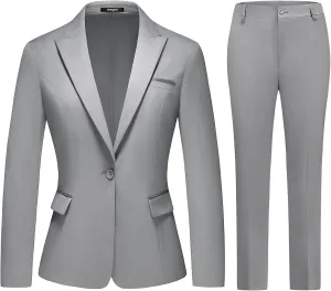 Lamgool Womens Suit 2 Piece Set Business One Button Peak Lapel Blazer Jacket with Pants for Office Ladies