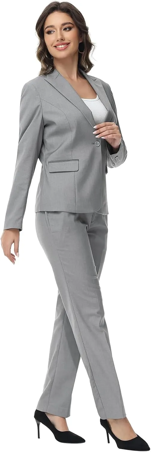 Lamgool Womens Suit 2 Piece Set Business One Button Peak Lapel Blazer Jacket with Pants for Office Ladies