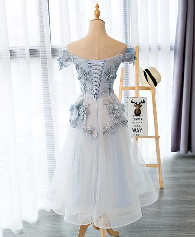 Light Grey Flowers Lace Off Shoulder Short Party Dress Light Grey Formal Dresses