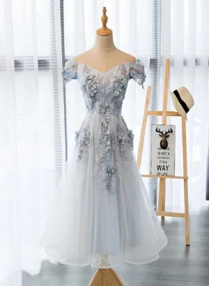 Light Grey Flowers Lace Off Shoulder Short Party Dress Light Grey Formal Dresses