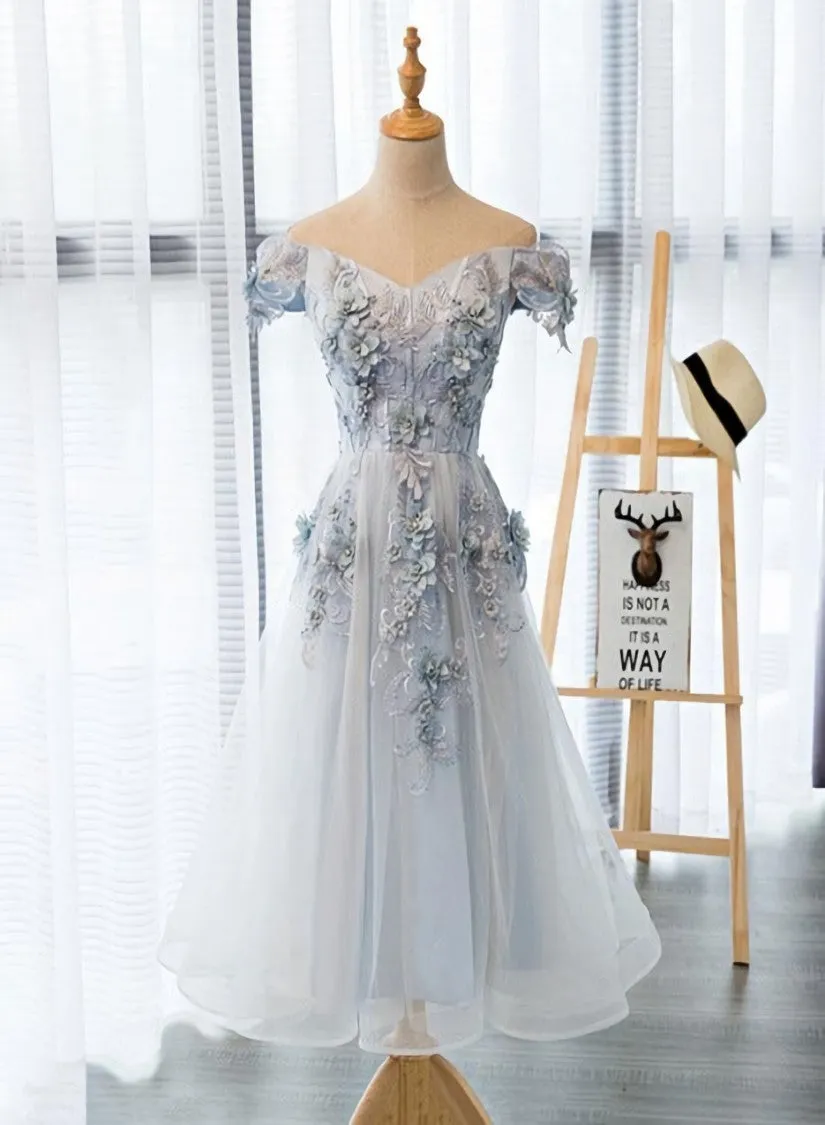 Light Grey Flowers Lace Off Shoulder Short Party Dress Light Grey Formal Dresses