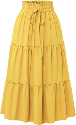 Long Skirts for Women Floral Drawstring Boho Tiered Maxi Skirt Beach A Line Midi Skirt Summer Bohemian Skirts