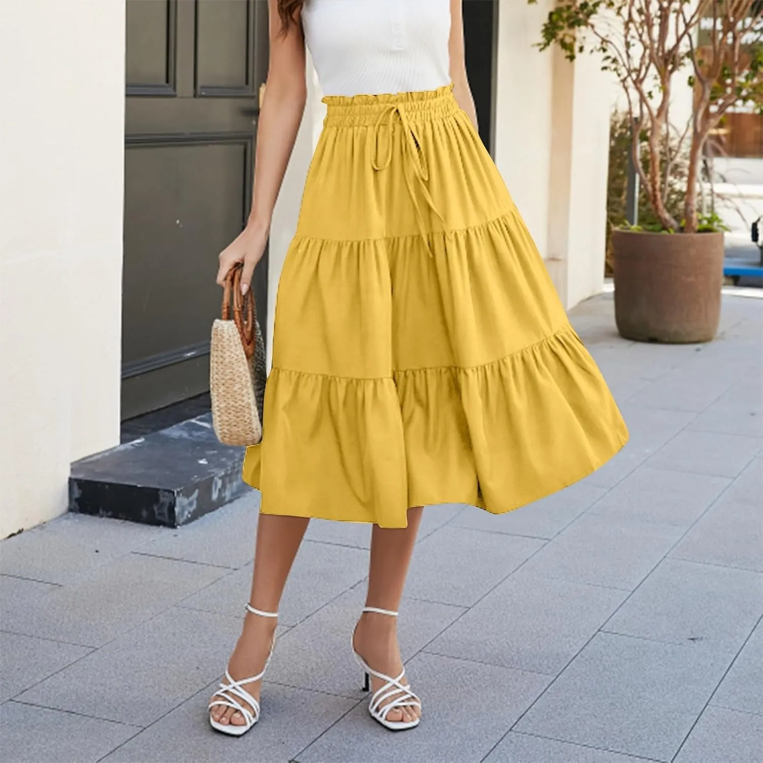Long Skirts for Women Floral Drawstring Boho Tiered Maxi Skirt Beach A Line Midi Skirt Summer Bohemian Skirts