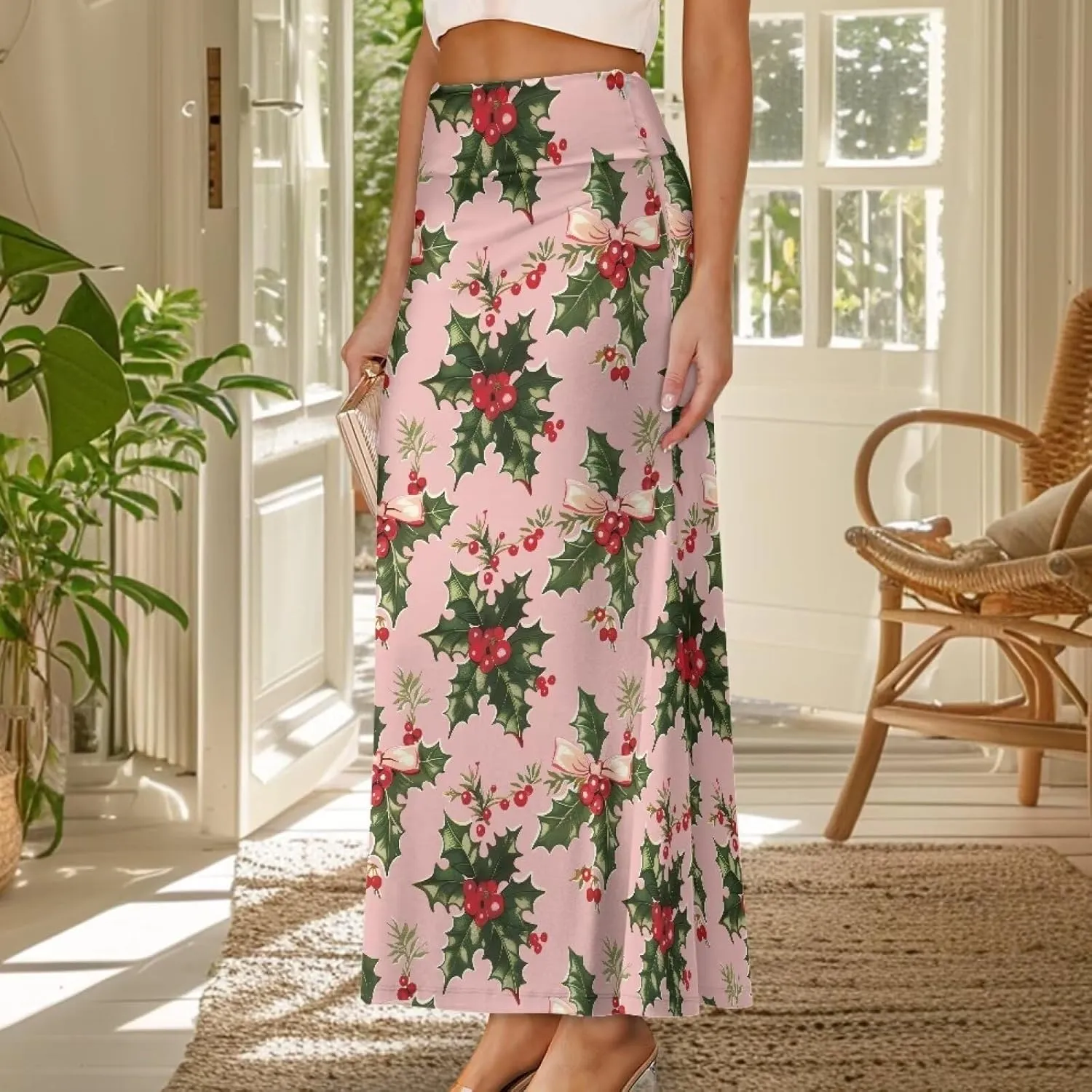 Long Skirts for Women High Waisted A-Line Stretchy Maxi Skirt Flared Casual Ruffle Hem Skirt Party Wedding Skirts