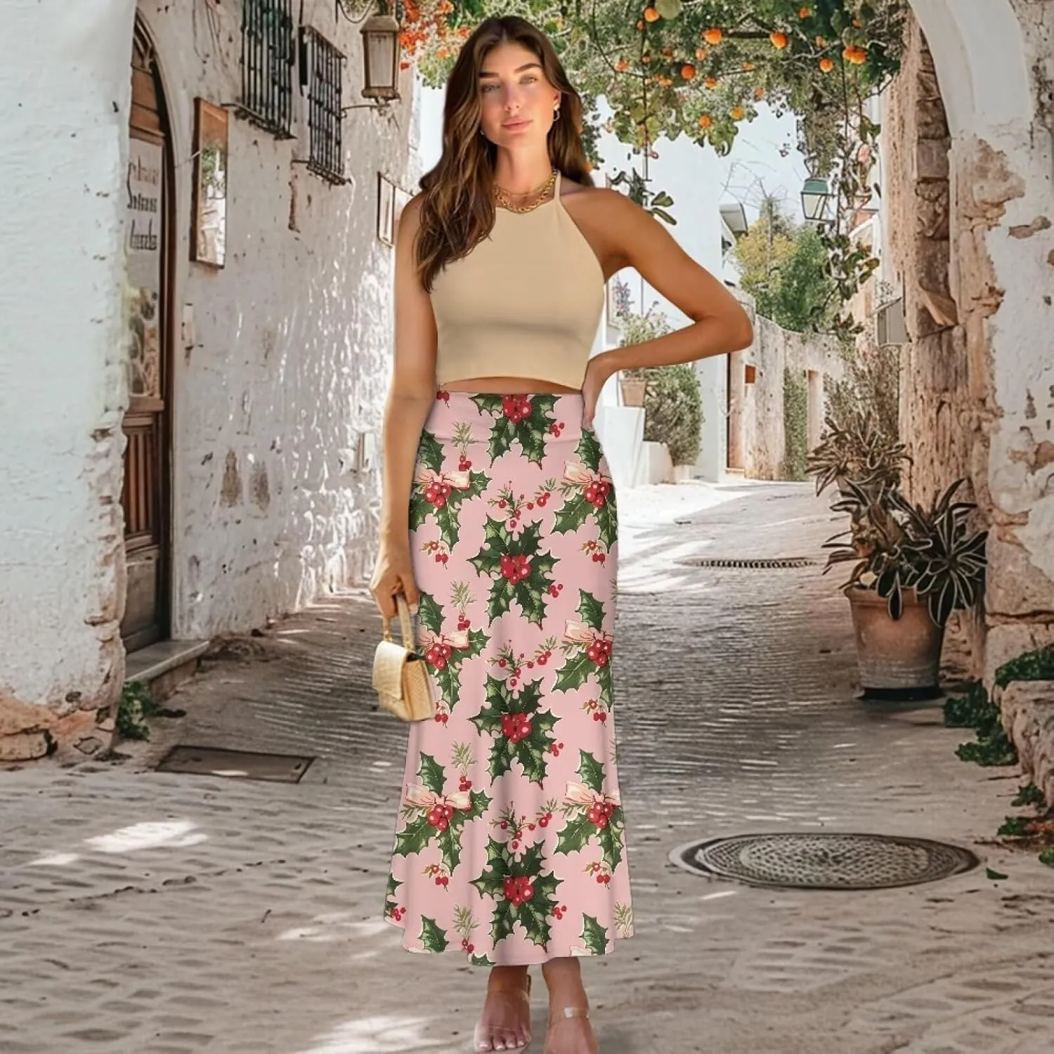 Long Skirts for Women High Waisted A-Line Stretchy Maxi Skirt Flared Casual Ruffle Hem Skirt Party Wedding Skirts