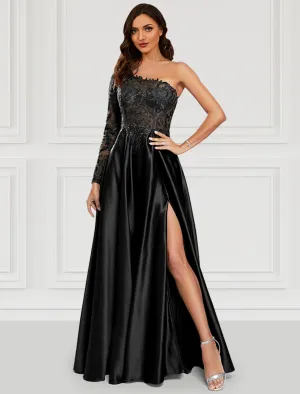 Luolandi A-Line Prom Dresses Black Dress Party Wear Floor Length Long Sleeve One Shoulder Satin