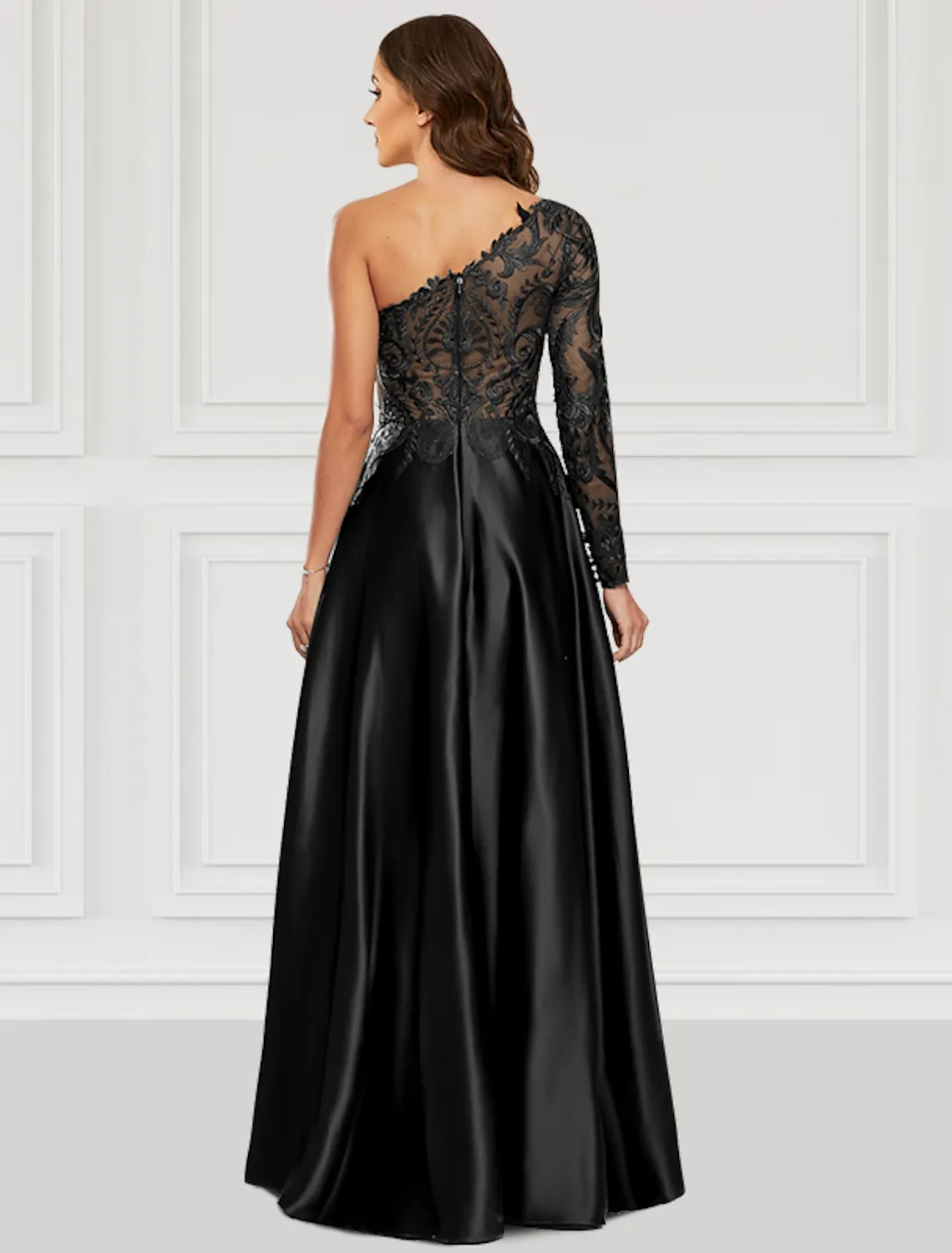 Luolandi A-Line Prom Dresses Black Dress Party Wear Floor Length Long Sleeve One Shoulder Satin